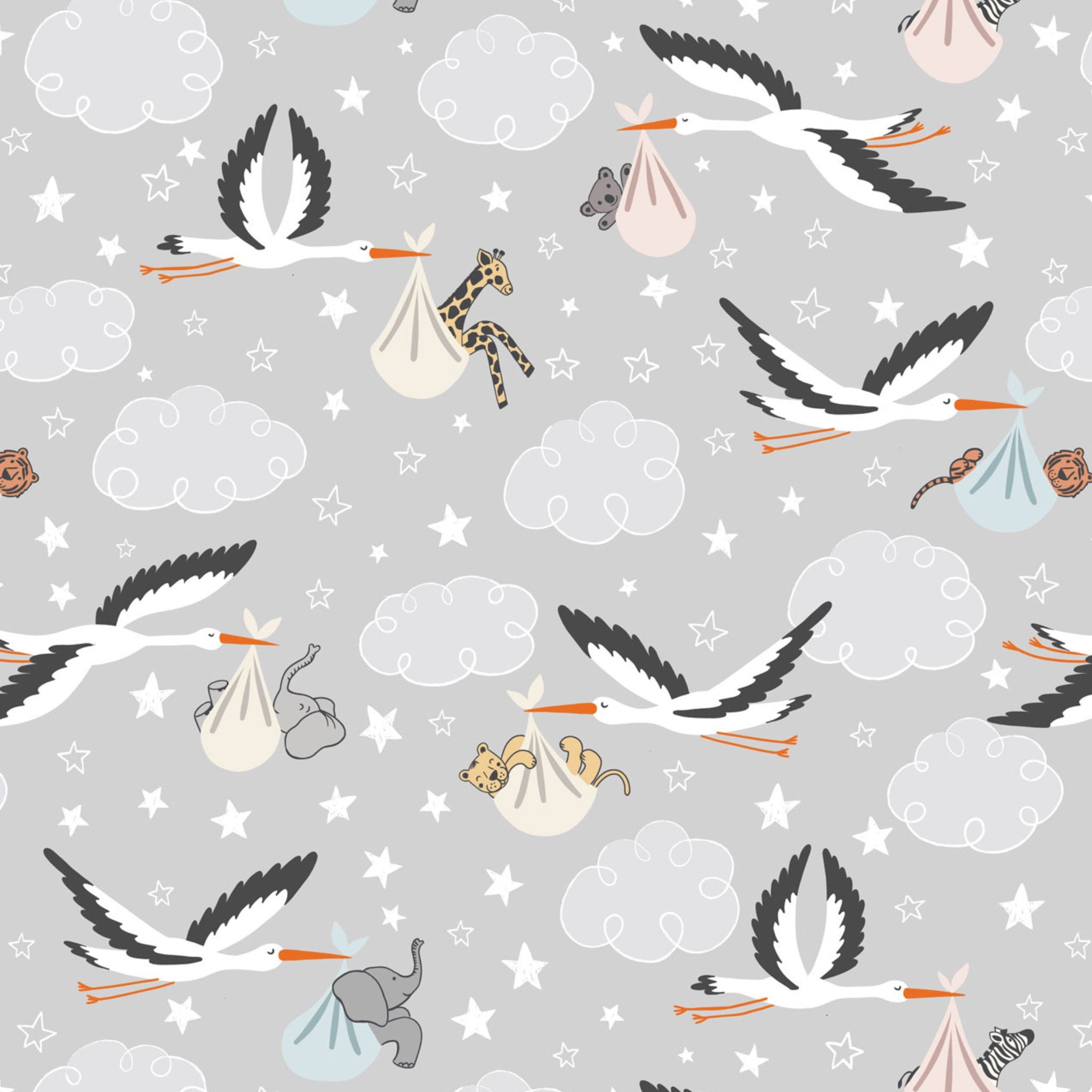 Grey cotton fabric with storks delivering baby animals - Special delivery by Lewis and Irene