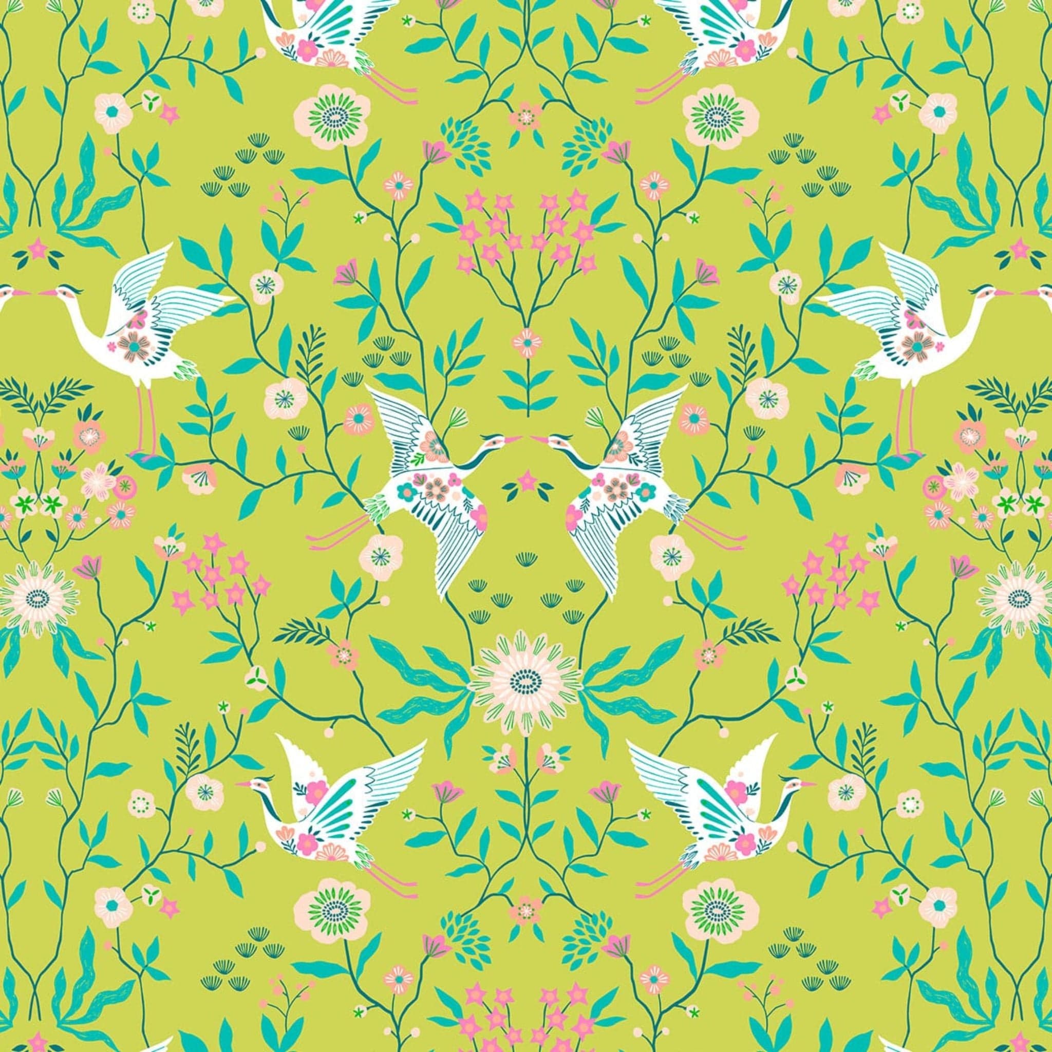 Fabric Herons on lime green cotton - Blossom Days - Dashwood Studio