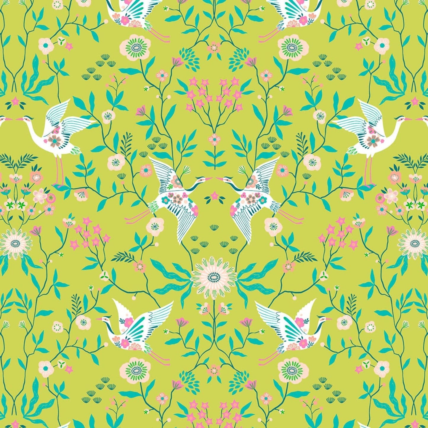 Fabric Herons on lime green cotton - Blossom Days - Dashwood Studio