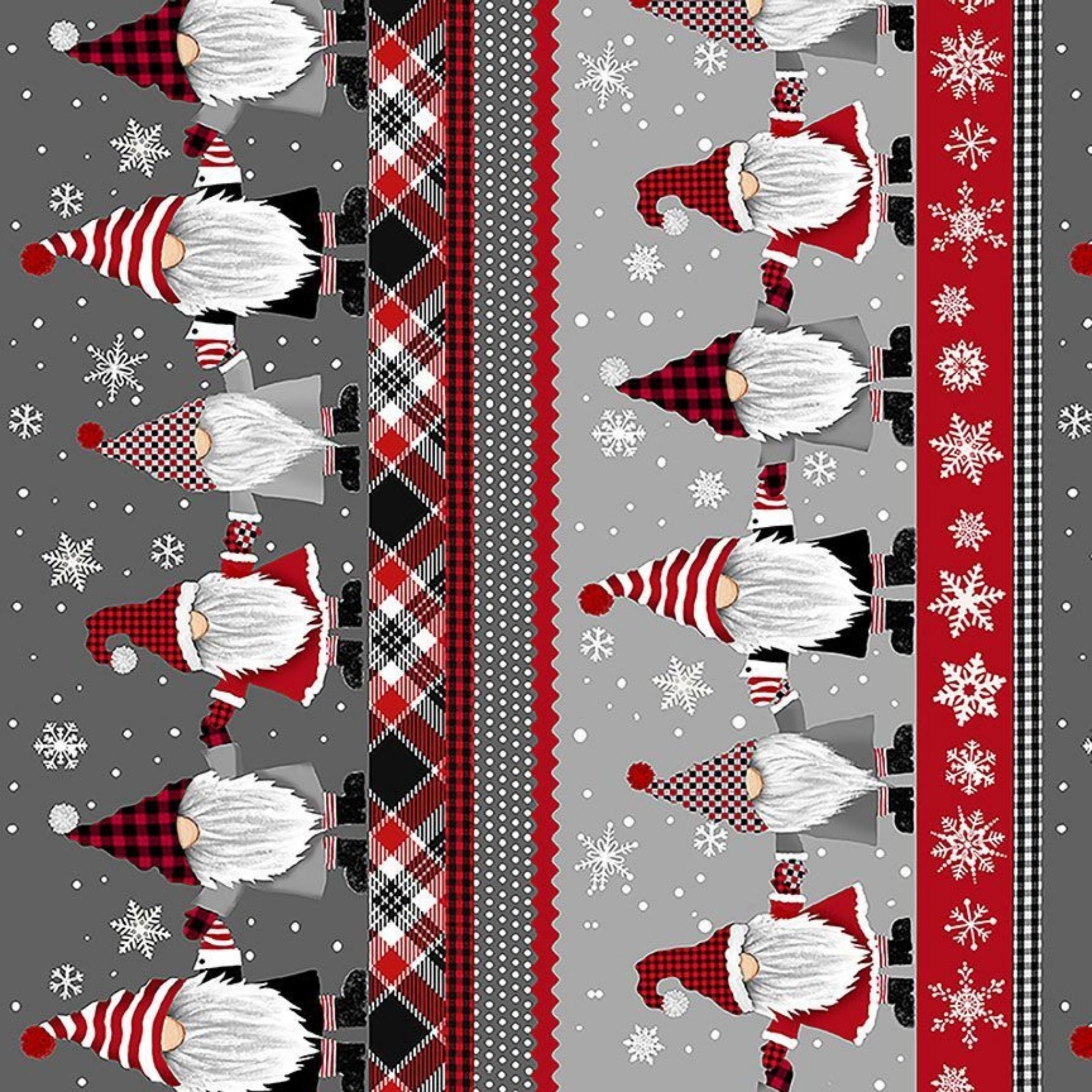 Gnomes in red, grey, black and white on striped cotton fabricm - Gnome for the Holidays by Timeless Treasures