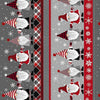 Gnomes in red, grey, black and white on striped cotton fabricm - Gnome for the Holidays by Timeless Treasures