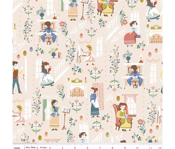 Fabric Little Women Village on light green cotton fabric - Little Women by Riley Blake