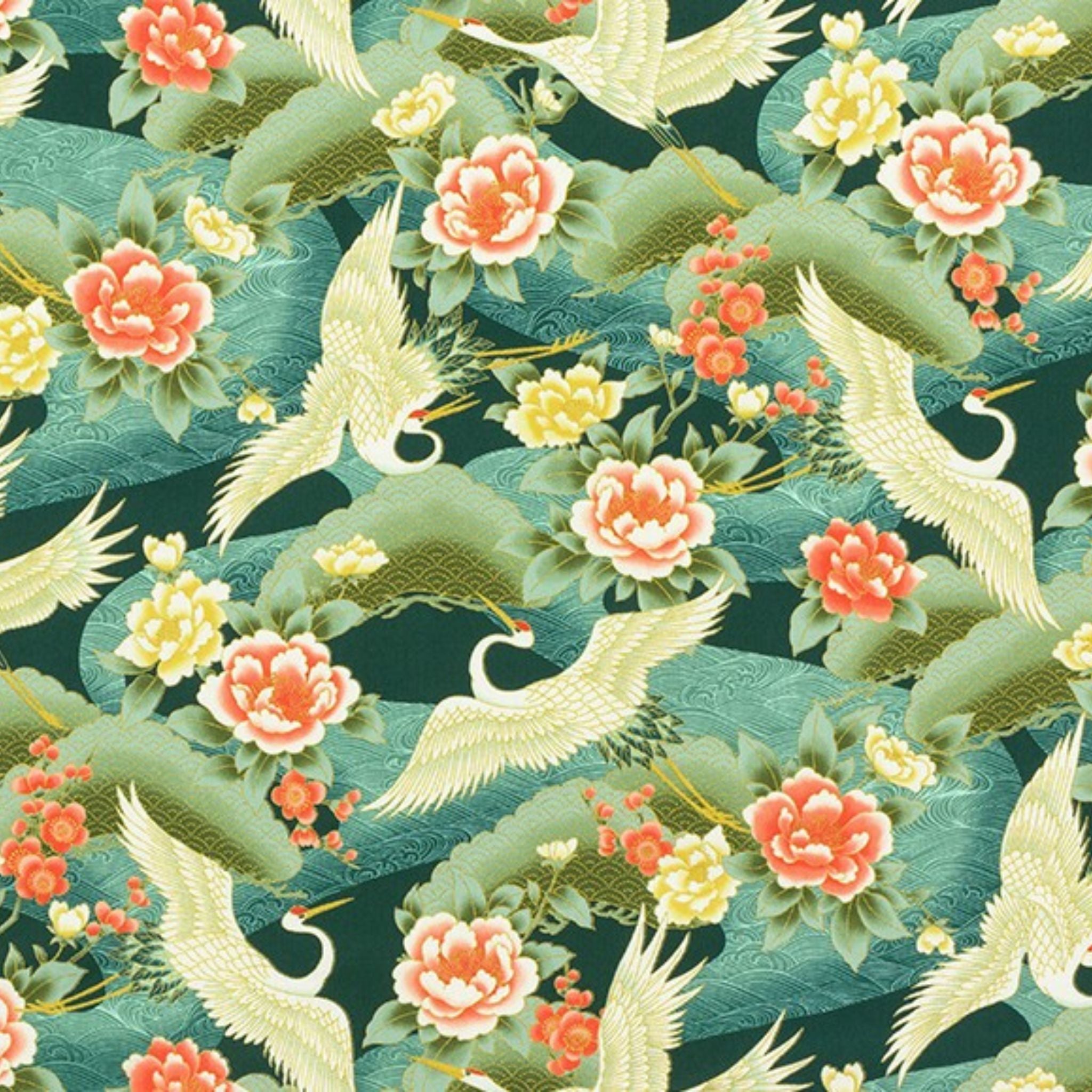 Japanese red-crowned cranes and large florals on teal cotton - Imperial Collection Honoka by Robert Kaufman