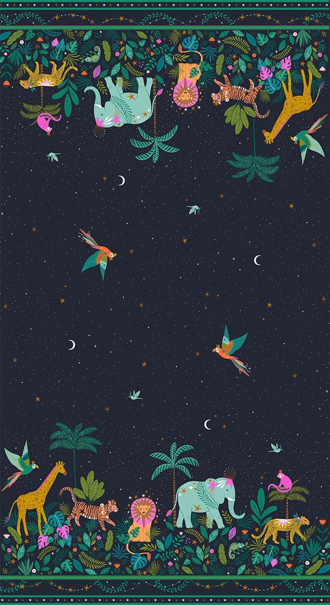Fabric Jungle animals on black cotton fabric panel - Jungle Luxe - Dashwood Studio