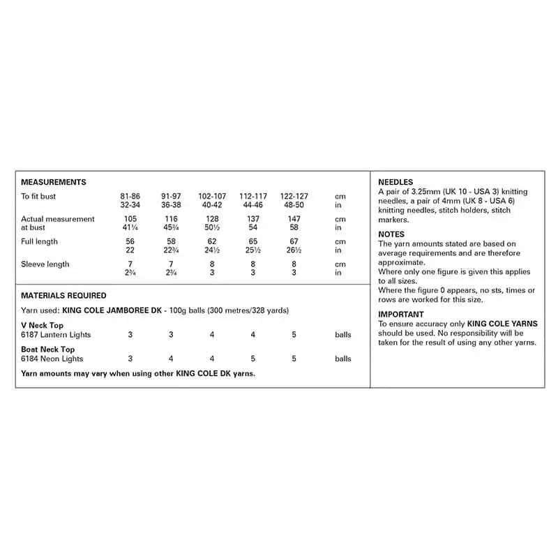 knitting pattern King Cole 6352 - Short sleeved v and round neck top