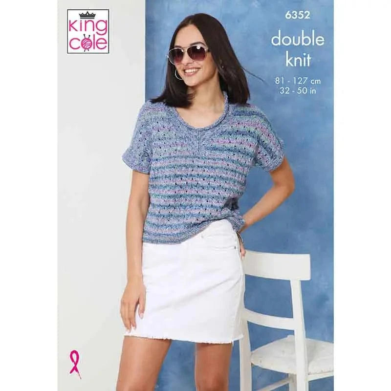 knitting pattern King Cole 6352 - Short sleeved v and round neck top