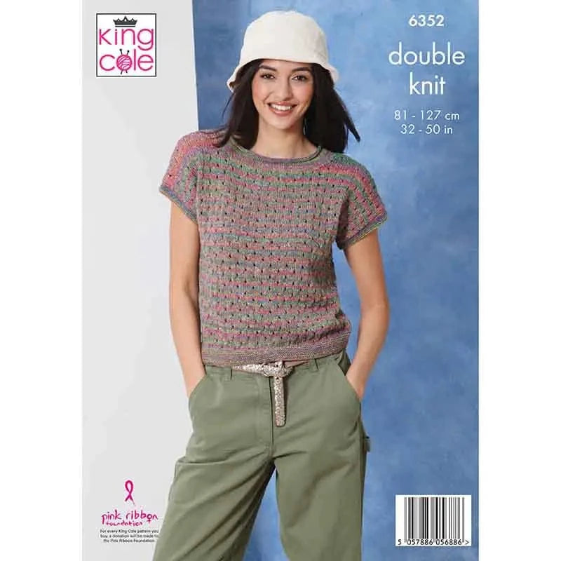 knitting pattern King Cole 6352 - Short sleeved v and round neck top