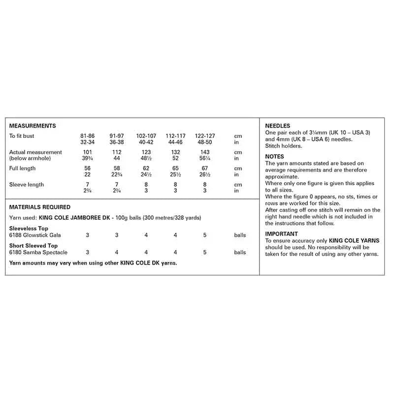 knitting pattern King Cole 6354 - ladies short sleeved top