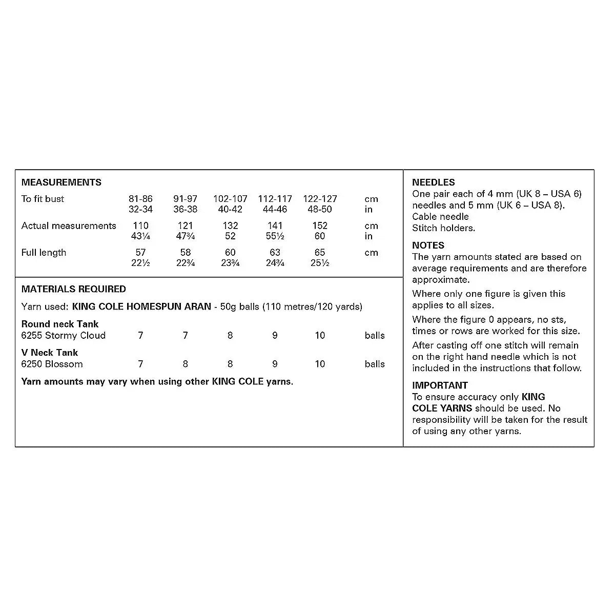 Ladies Round and V Neck Tanks knitting pattern in Aran - King Cole 6309