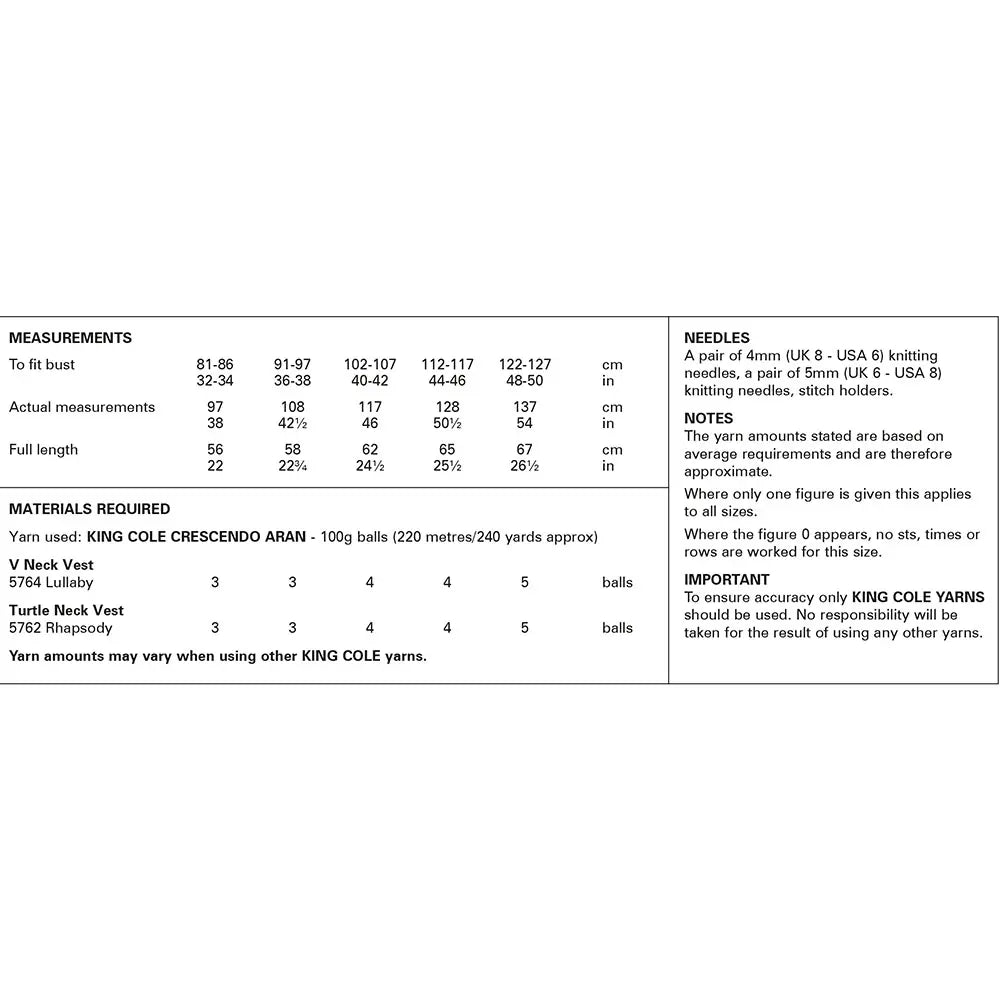 Ladies vests knitting pattern in Aran - King Cole 6226