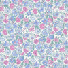 Liberty Heirloom Hedgerow Bloom Lasenby cotton fabric with little blue and pink flowers on a white background