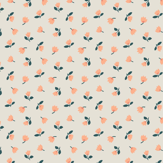 Fabric Little Coral Flowers on Cream cotton fabric - Folk Floral by Lewis & Irene