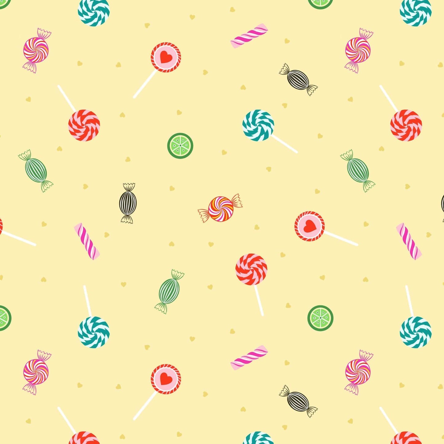 Fabric Lollipops and sweets on pale yellow cotton 'Small Things...Sweet'-Lewis & Irene
