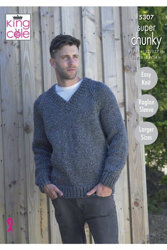 Men's V Neck Cardigan & Sweater knitting pattern super chunky - King Cole 5307
