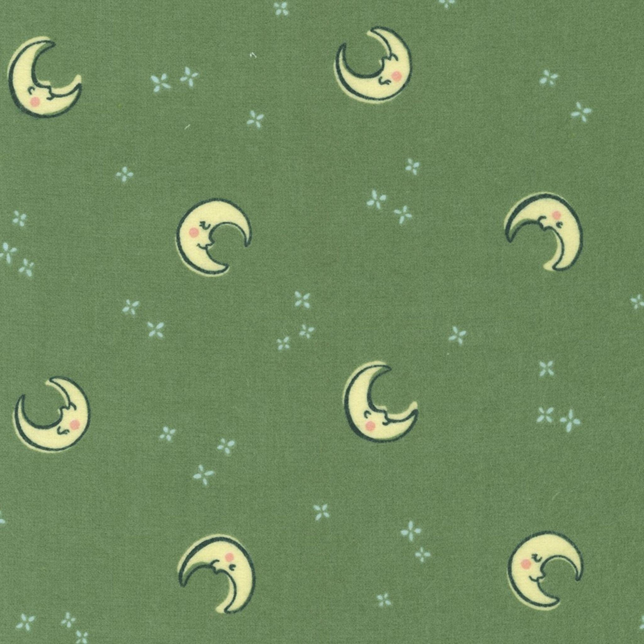 Fabric Moon on green brushed cotton flannel - Over the Moon Cozy Cotton - Robert Kaufman