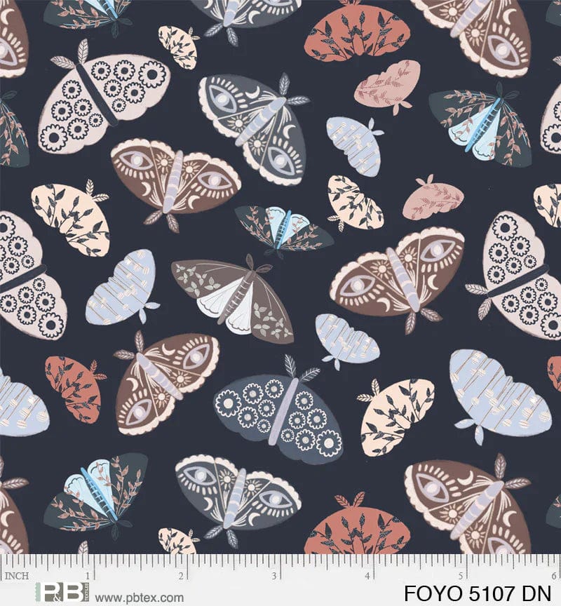 Fabric Moths on dark navy cotton fabric - Fawn'd of You - P & B Textiles