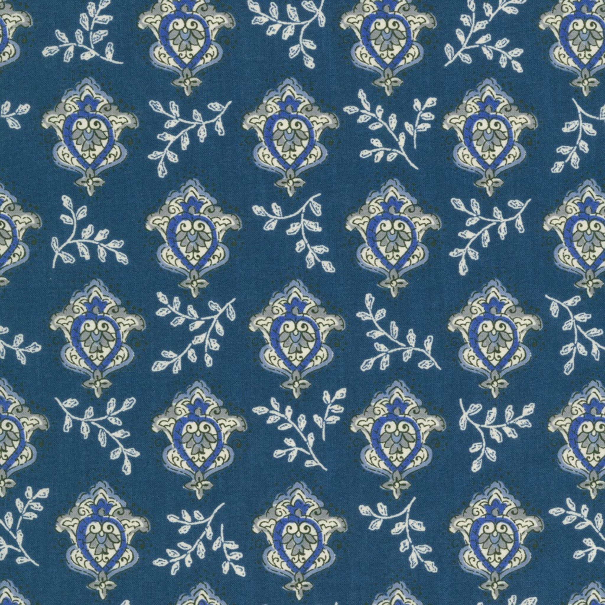 Navy cotton lawn with geometric shapes and leaves - Le Midi Lawn by Sevenberry