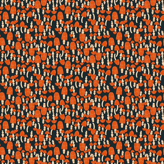 cotton fabric Orange mushrooms on black cotton fabric - Flora and Fauna - Dear Stella