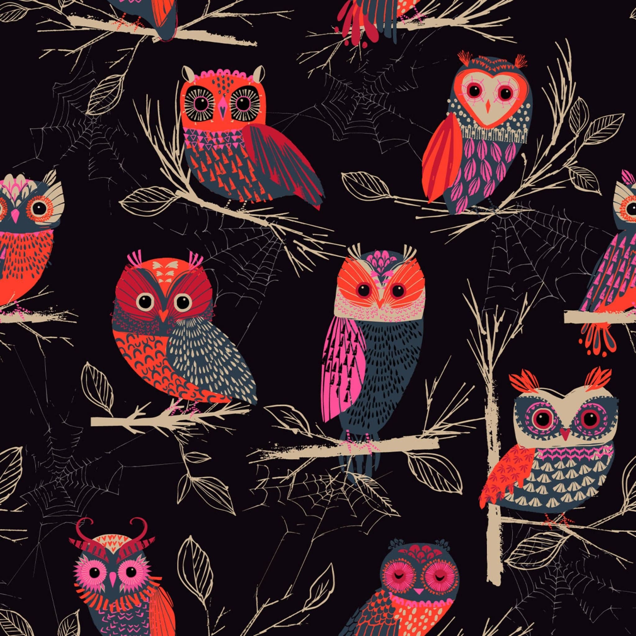 fabric Owls on black cotton - Forest Whisperers - Dashwood Studio