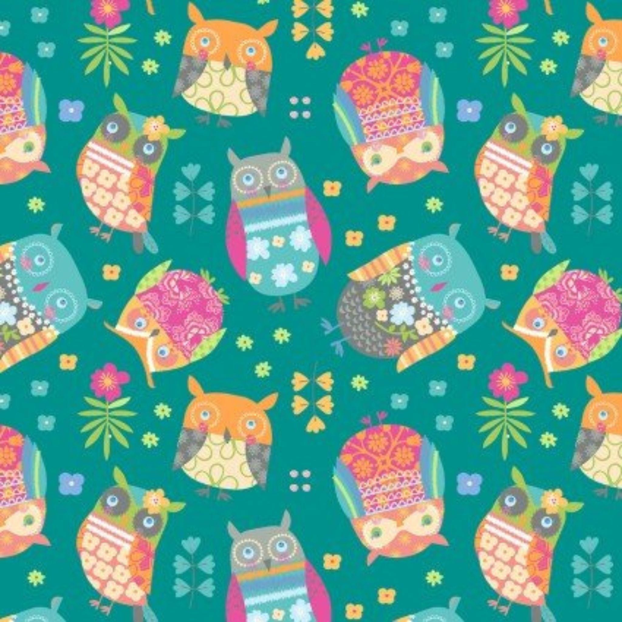 cotton fabric Owls on teal - Awesome Owls - Benartex