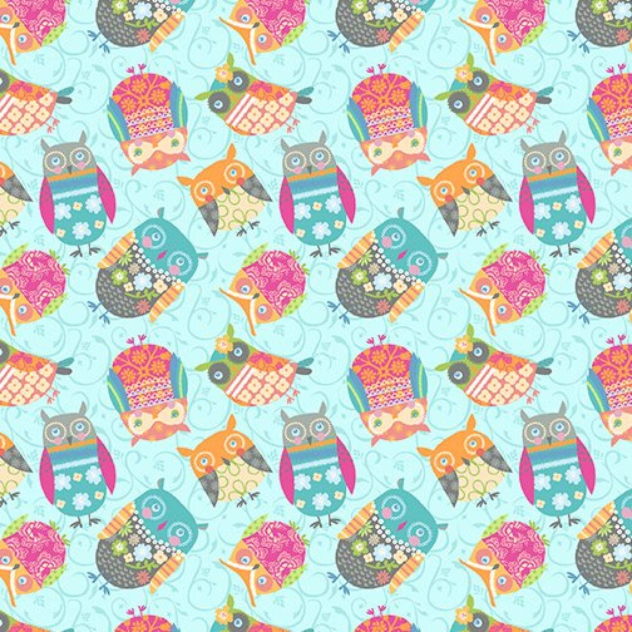 cotton fabric Owls on teal - Awesome Owls - Benartex