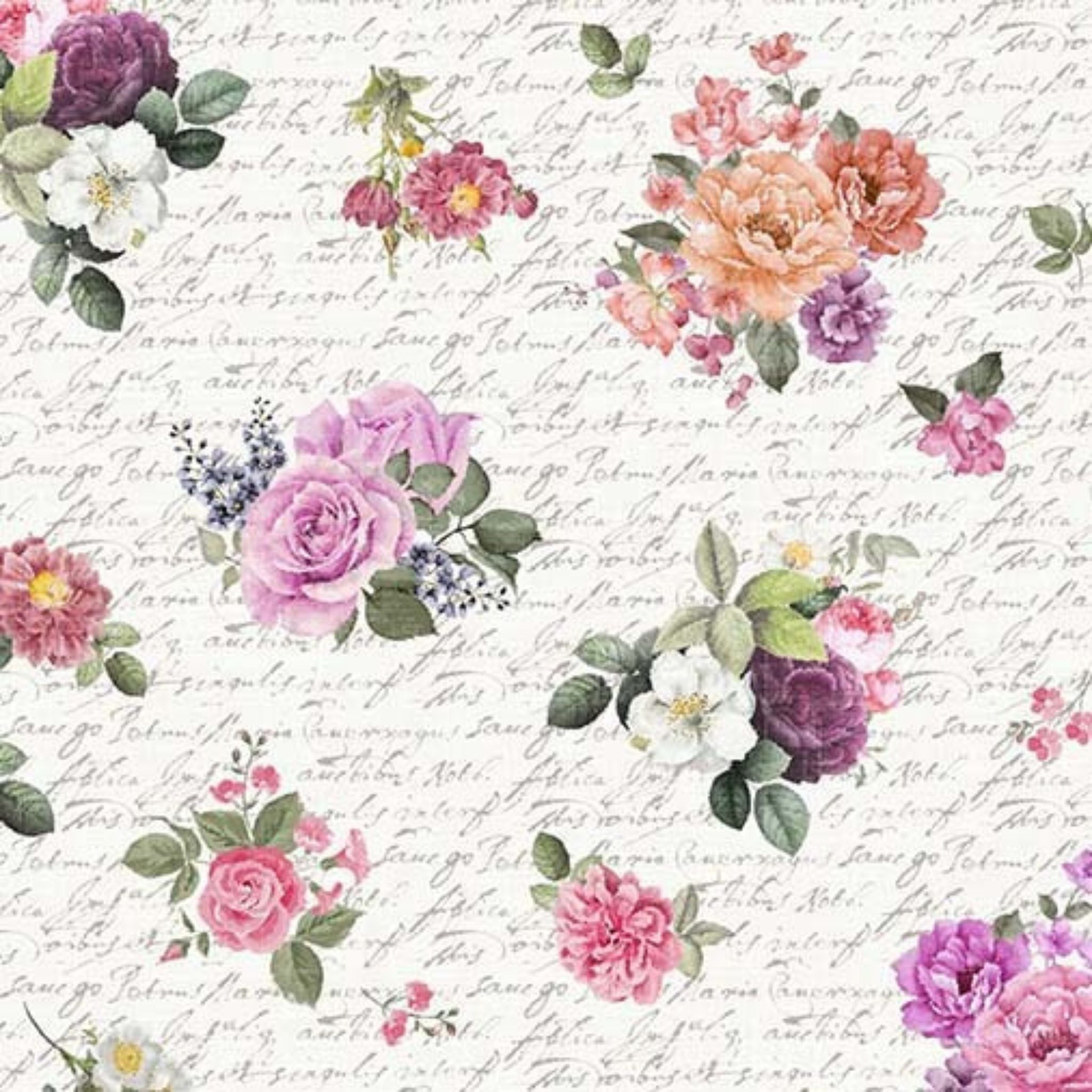 Beautiful bouquets of flowers including roses on a cream calligraphy cotton fabric - We'll always have Paris by Michael Miller