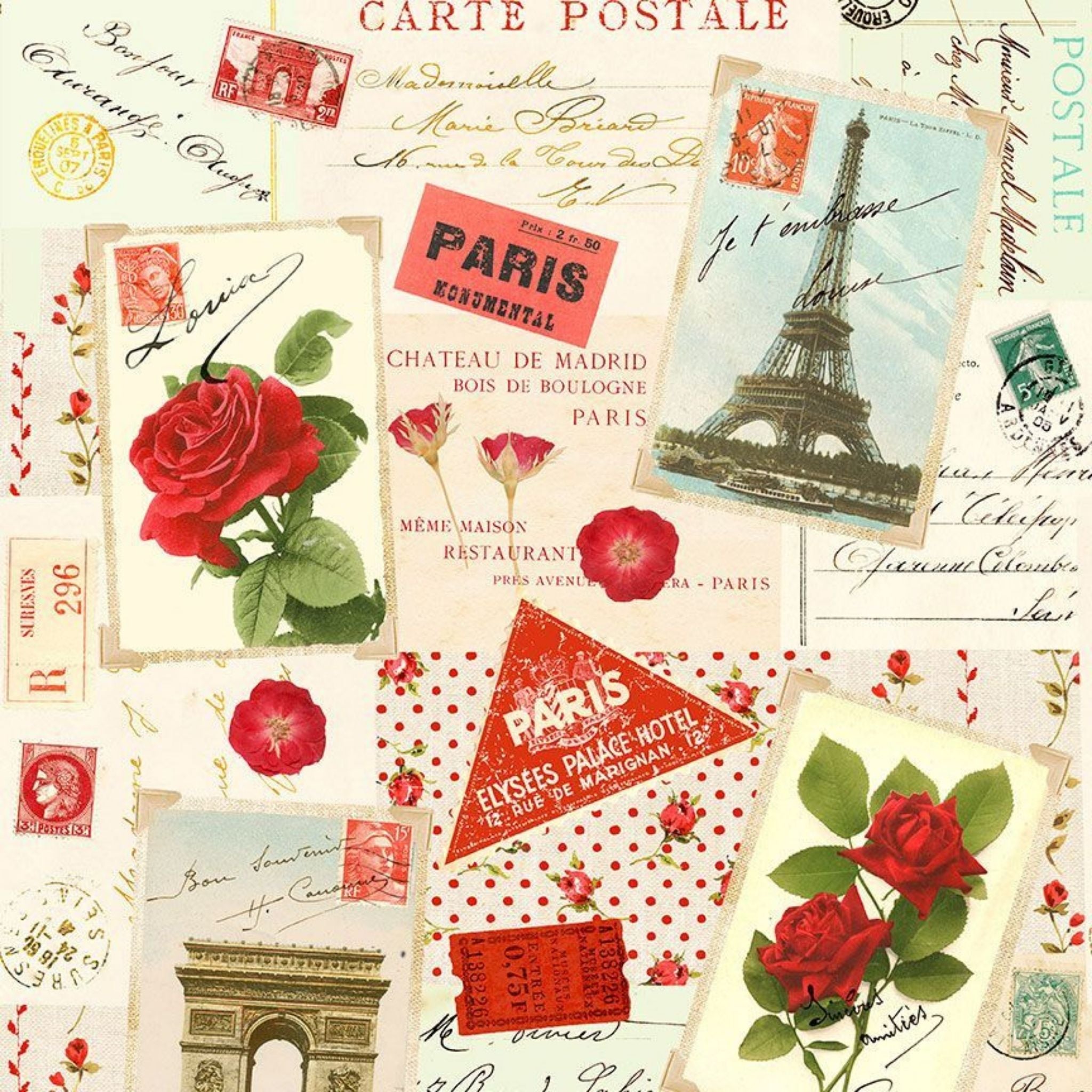 French postcards on cream cotton fabric - Vintage Rose by Timeless Treasures