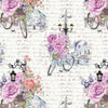 Paris street with the Eiffel tower, bicycles and beautiful pink roses on cream calligraphy fabric - We'll always have Paris by Michael Miller