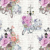 Paris street with the Eiffel tower, bicycles and beautiful pink roses on cream calligraphy fabric - We'll always have Paris by Michael Miller