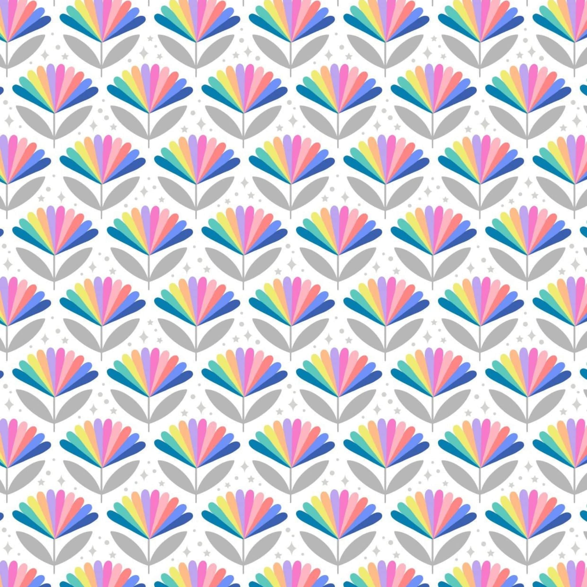 Fabric Pastel rainbow retro flower on white cotton fabric - Over the Rainbow by Lewis and Irene