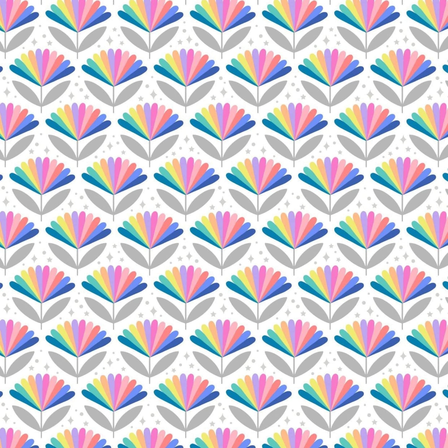 Fabric Pastel rainbow retro flower on white cotton fabric - Over the Rainbow by Lewis and Irene