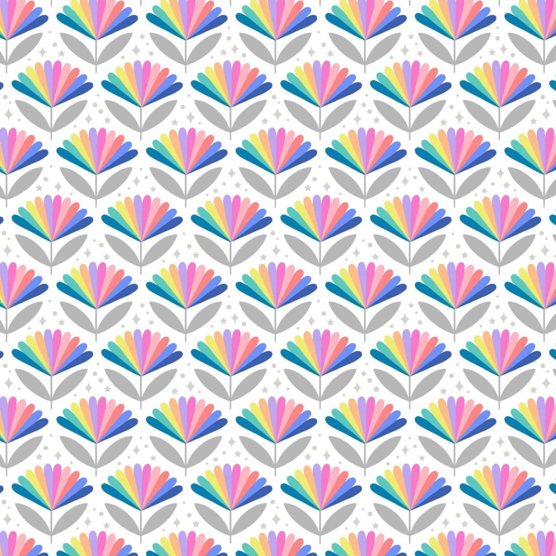 Fabric Pastel rainbow retro flower on white cotton fabric - Over the Rainbow by Lewis and Irene
