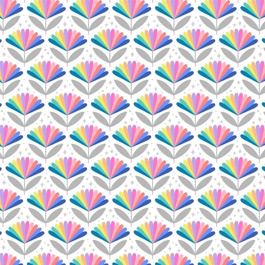 Fabric Pastel rainbow retro flower on white cotton fabric - Over the Rainbow by Lewis and Irene