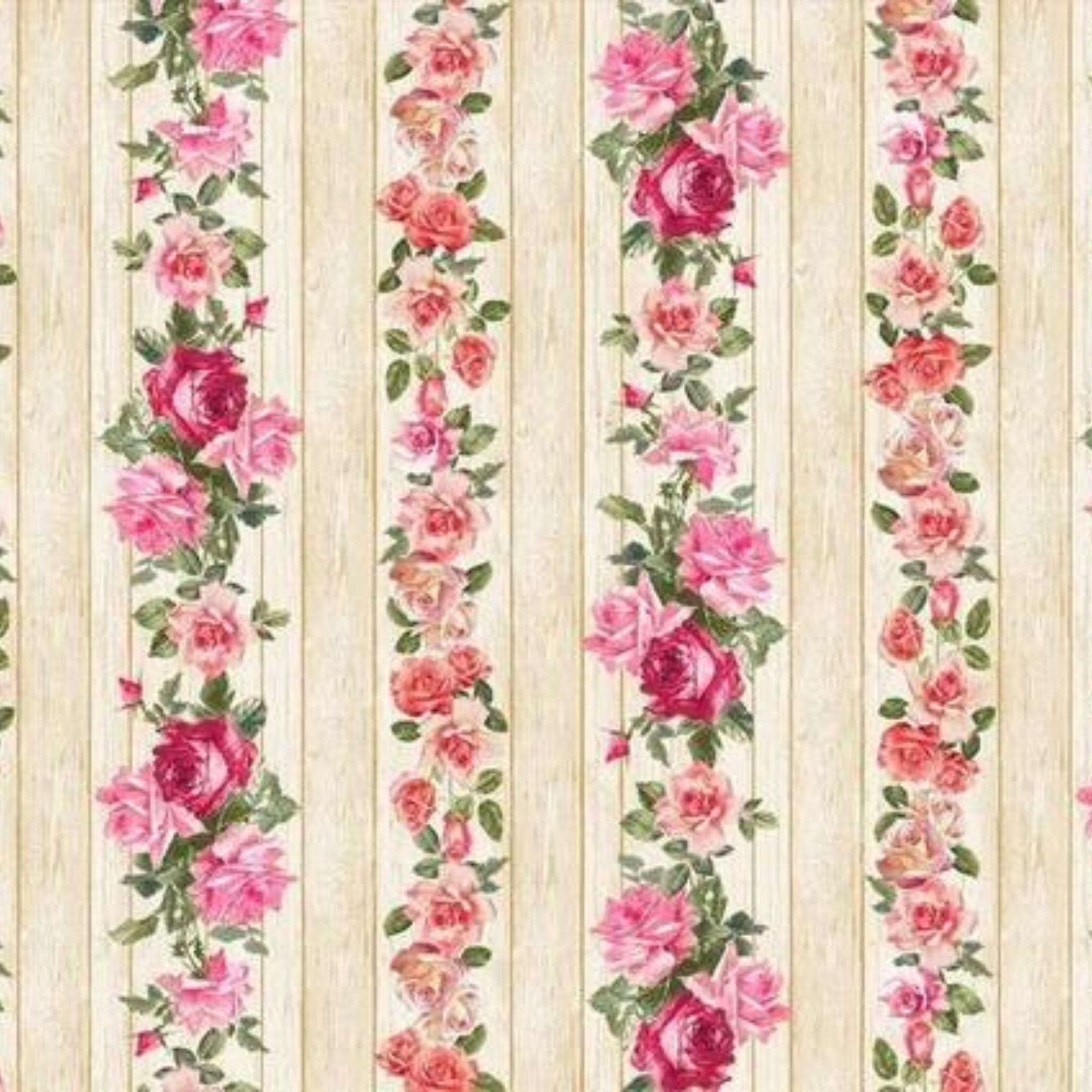 Fabric Pink roses on natural striped cotton fabric-Timeless-Treasures-CD1724