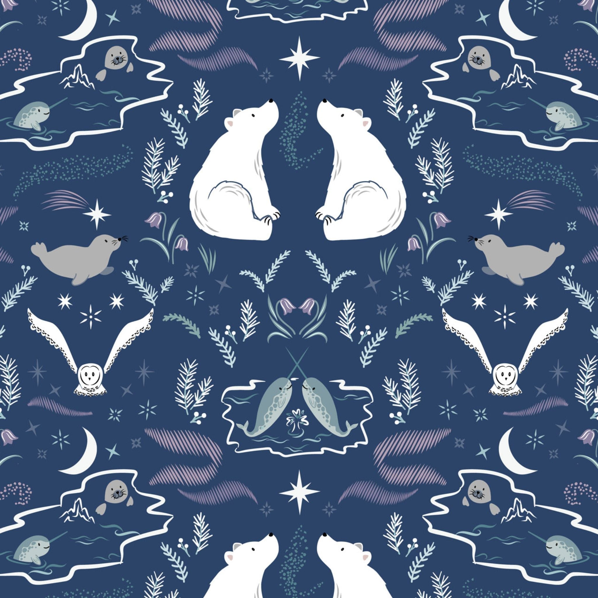 White mirrored polar bears with narwhals and seals on midnight blue - Arctic Adventure by Lewis & Irene