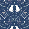 White mirrored polar bears with narwhals and seals on midnight blue - Arctic Adventure by Lewis & Irene