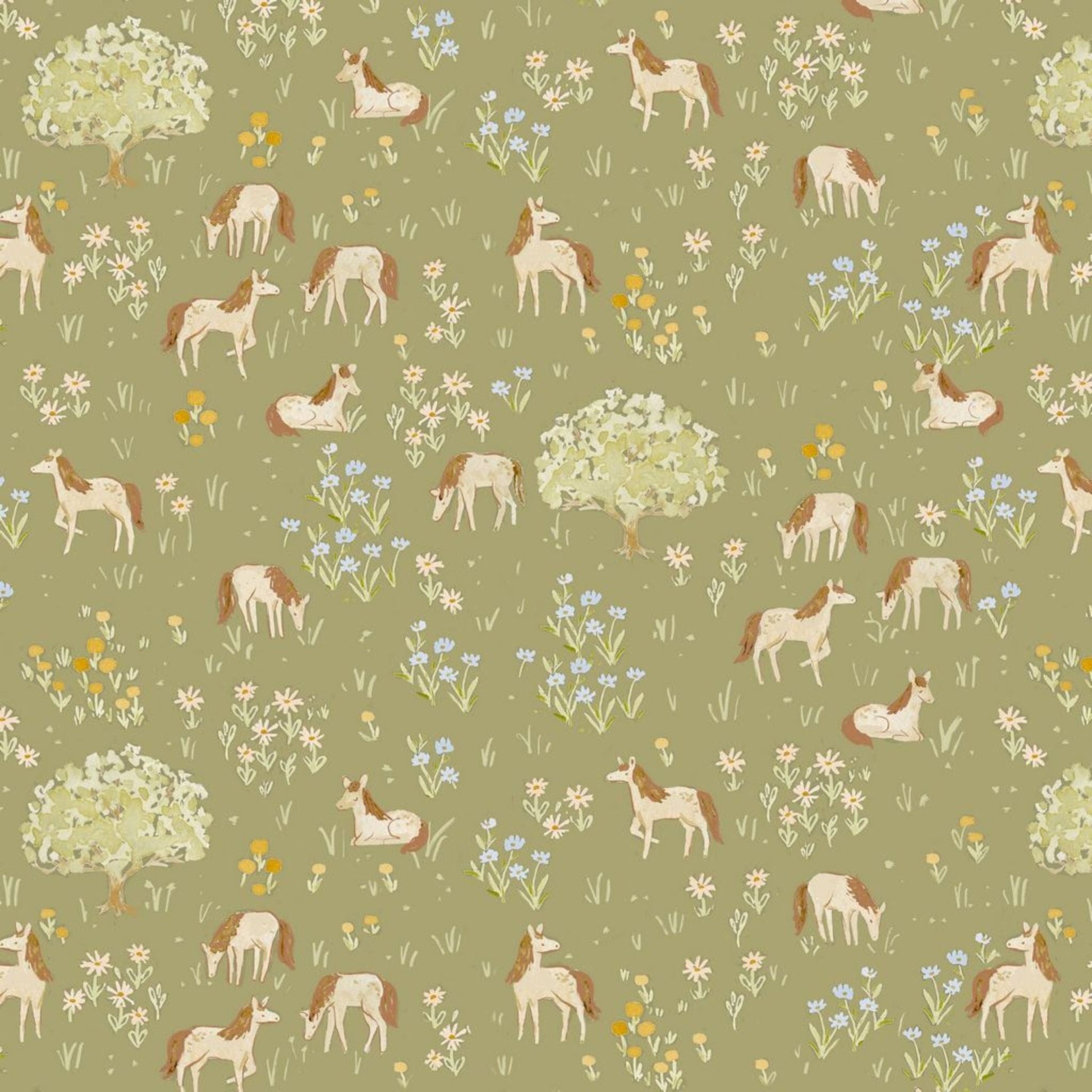 Fabric Ponies on a green cotton fabric - Storybook Farm - Dear Stella