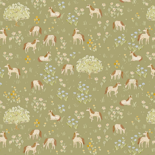 Fabric Ponies on a green cotton fabric - Storybook Farm - Dear Stella