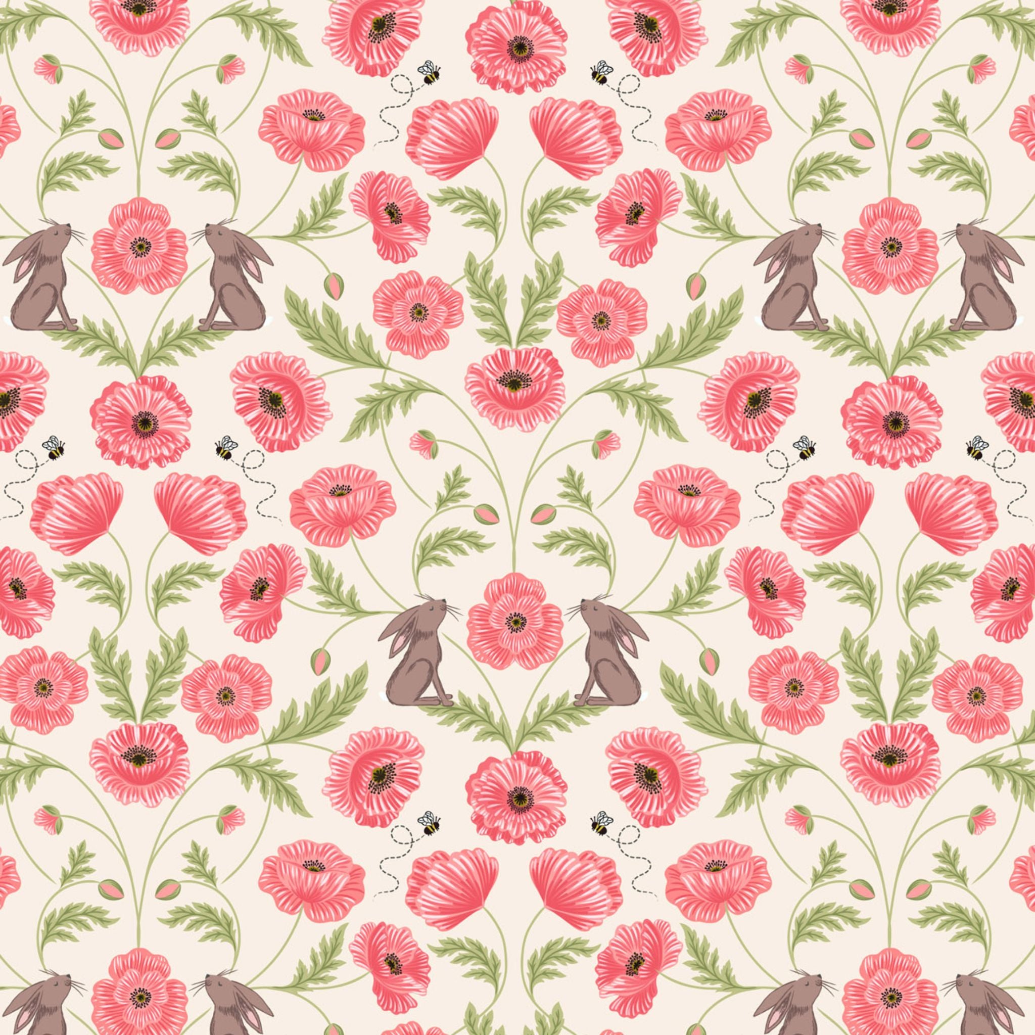 Poppies and mirrored hares on cream cotton fabric - Poppies by Lewis and Irene P761.3