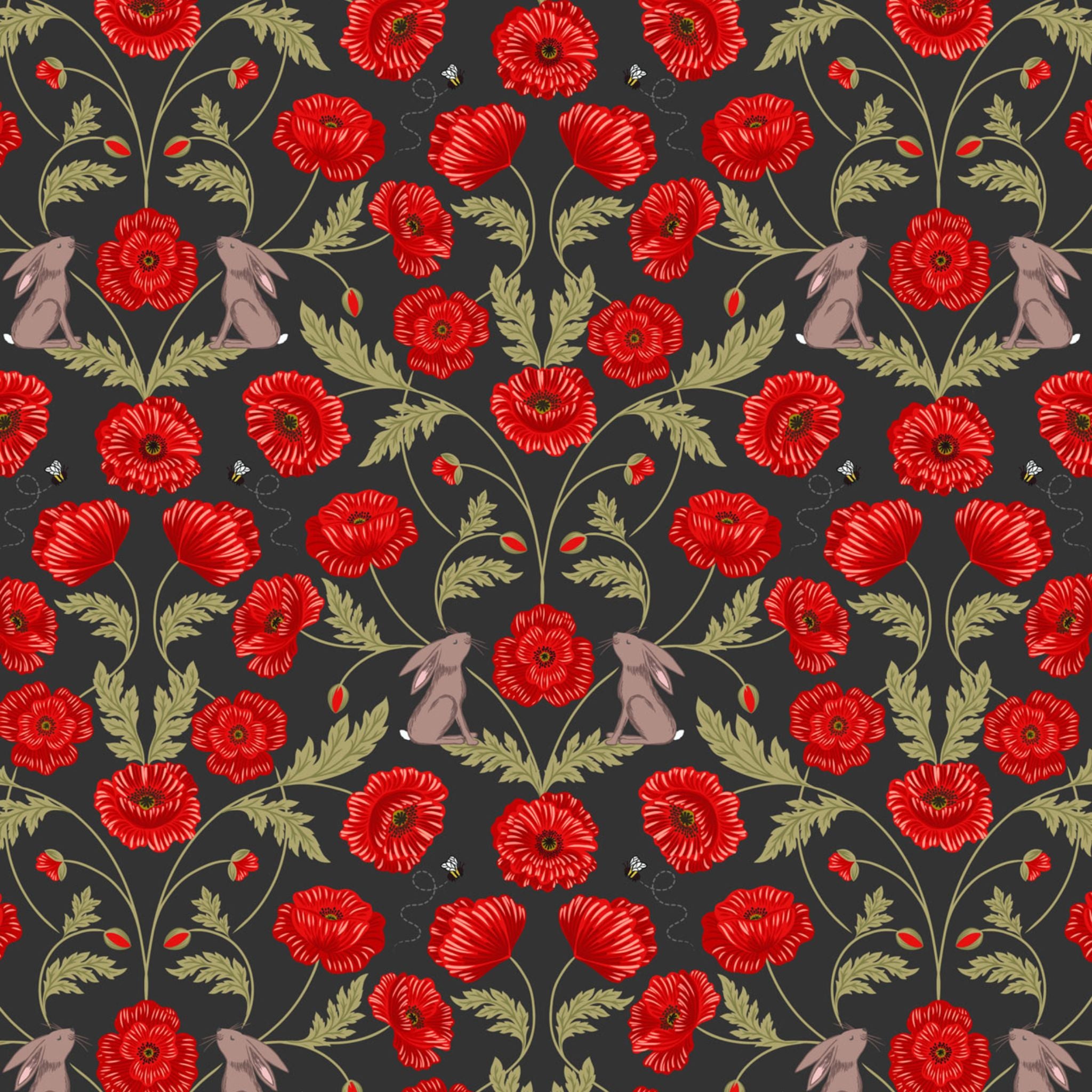 Poppies and mirrored hares on dark grey/black cotton fabric - Poppies by Lewis and Irene P761.1