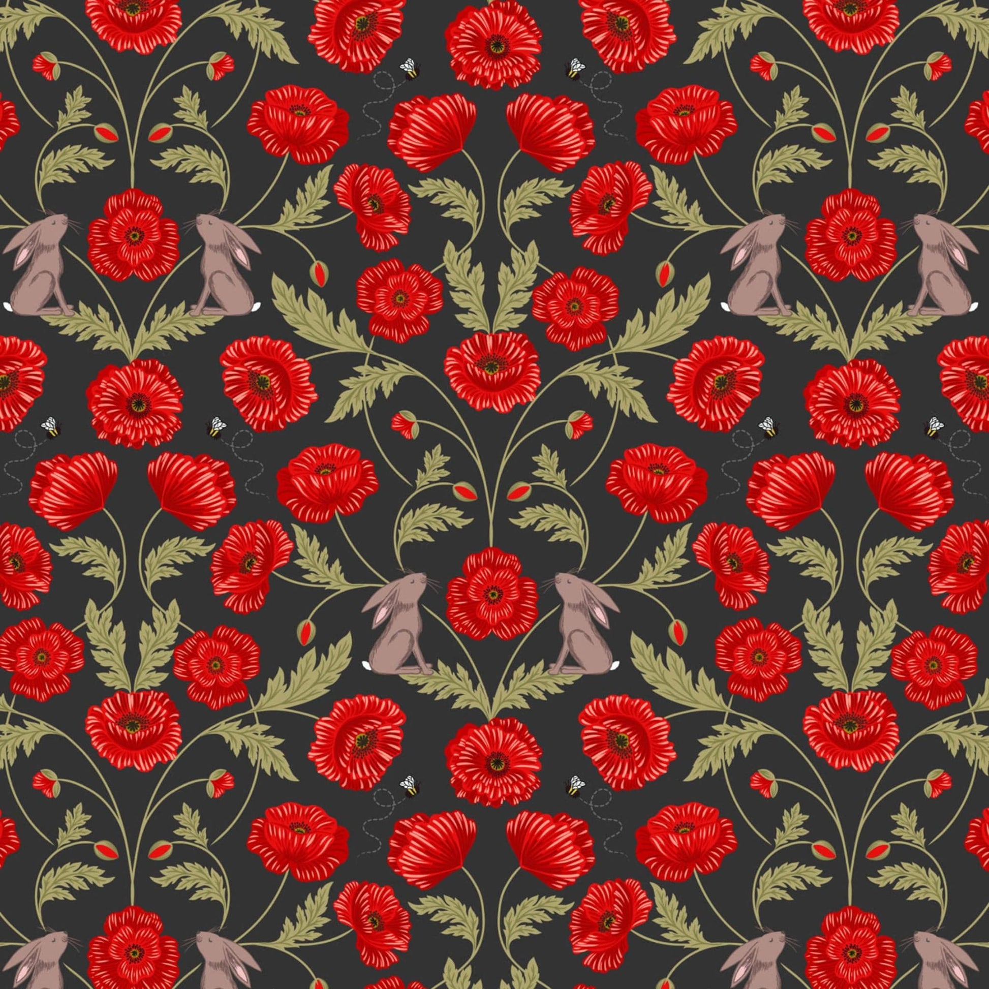 Fabric Poppies and hares on dark - Poppies - Lewis & Irene