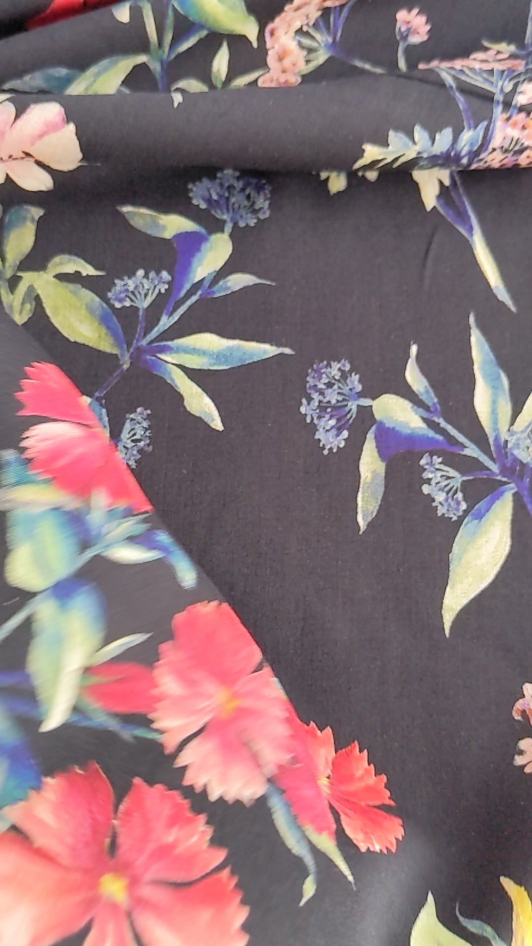 Black large floral viscose dressmaking fabric