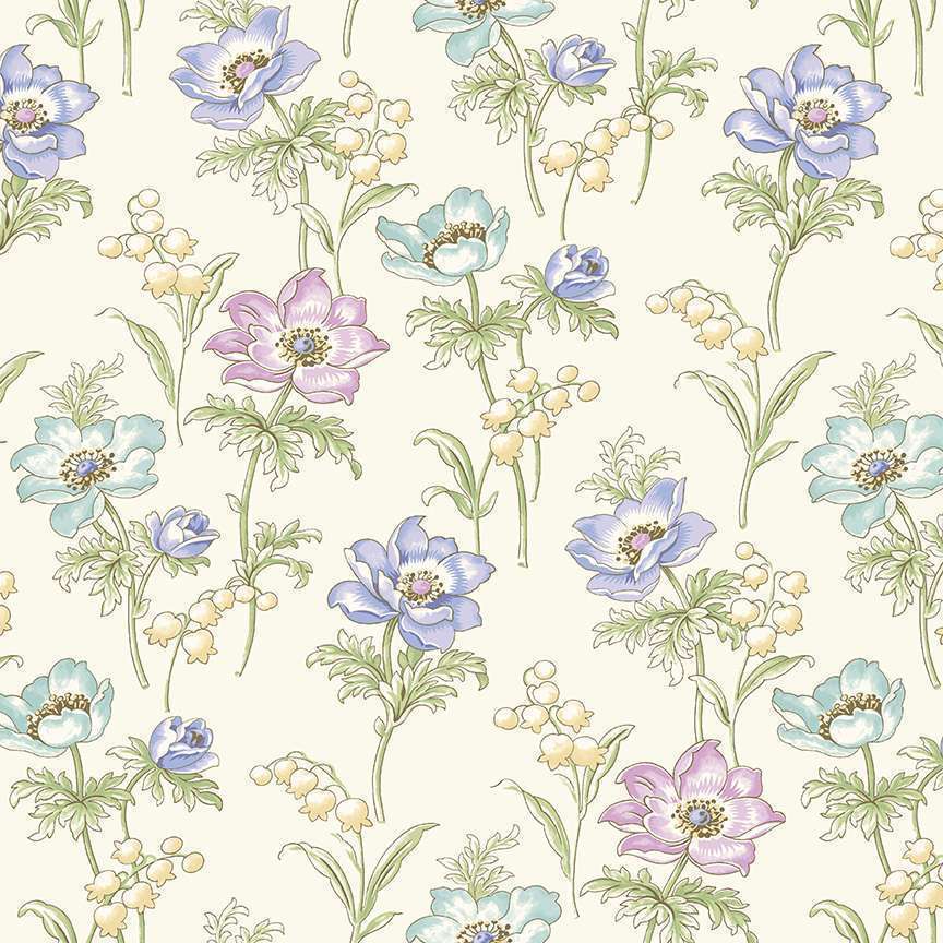 cotton fabric Purple birds on cream - Abloom - Makower