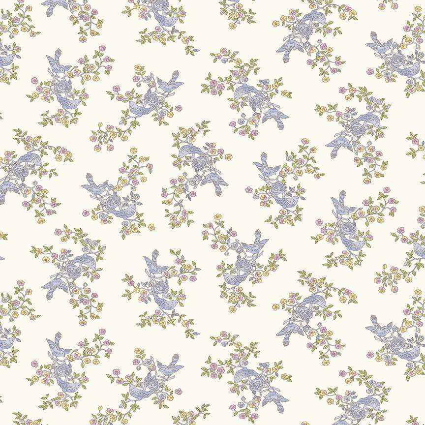 cotton fabric Purple birds on cream - Abloom - Makower