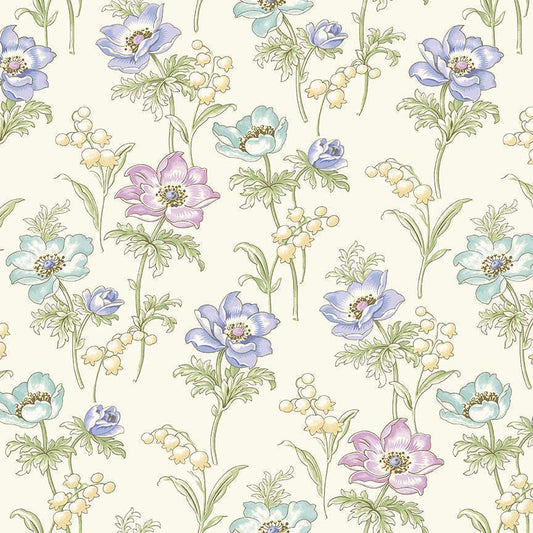cotton fabric Purple poppies on cream - Abloom - Makower