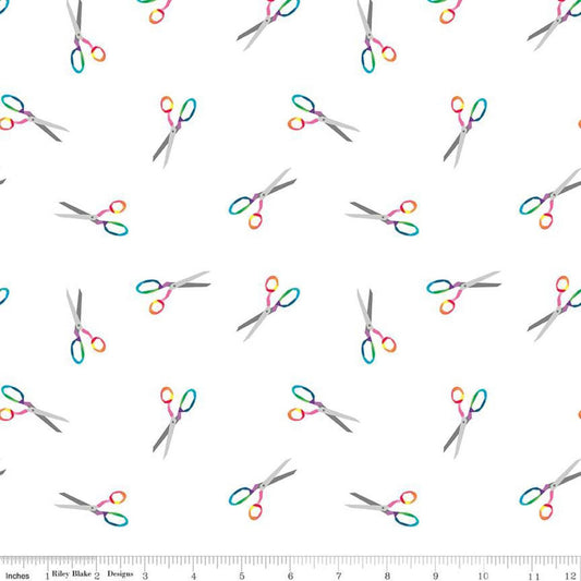 Fabric Rainbow scissors on white cotton fabric - Make - Riley Blake