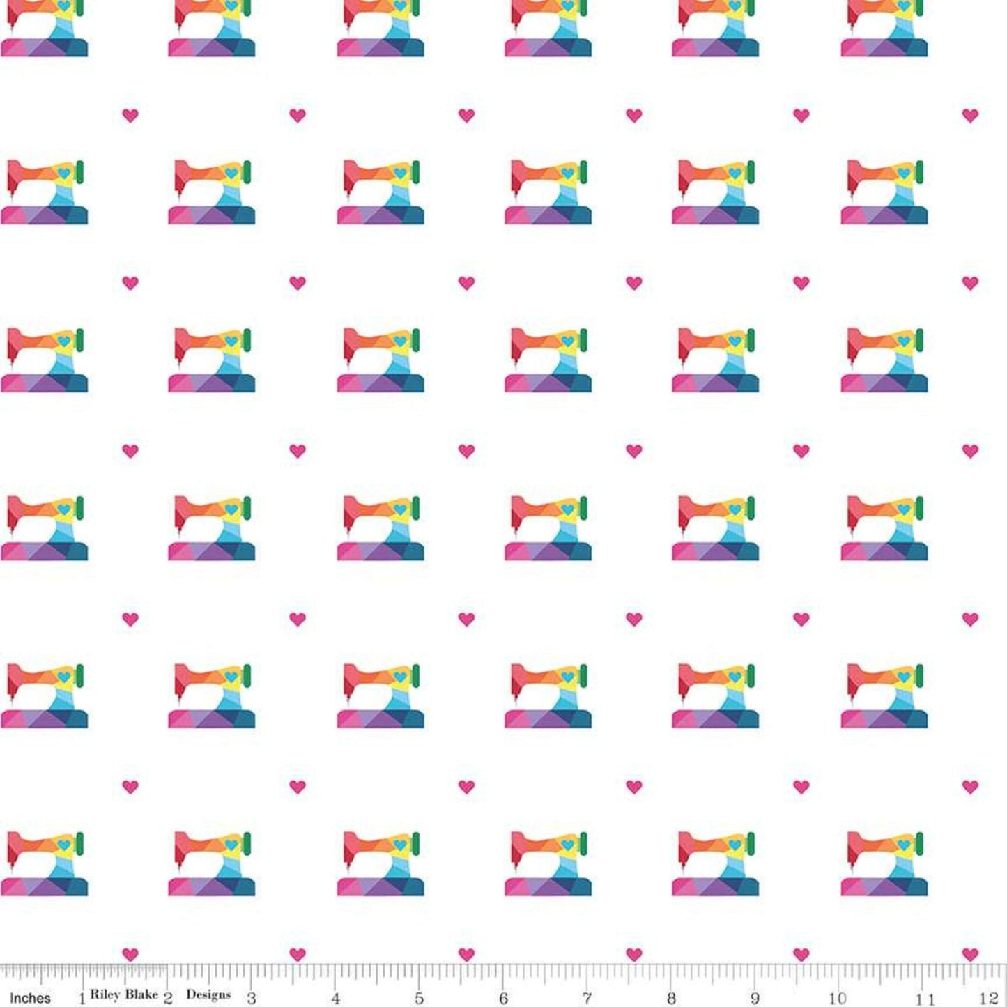 Fabric Rainbow sewing machines on pink cotton fabric - Make - Riley Blake