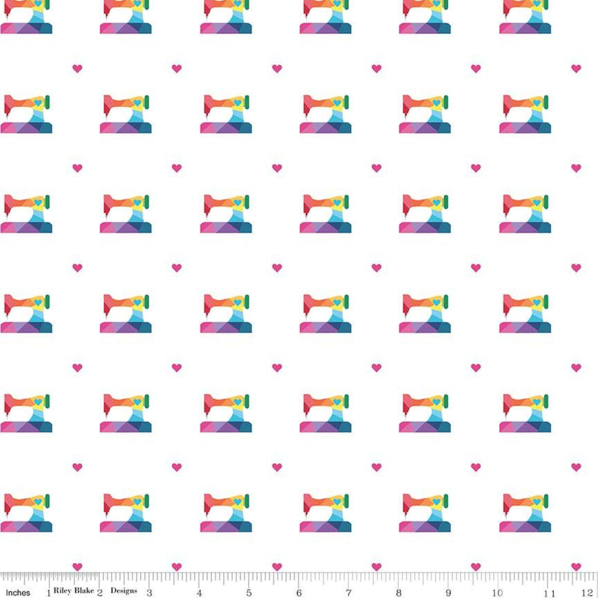 Fabric Rainbow sewing machines on pink cotton fabric - Make - Riley Blake