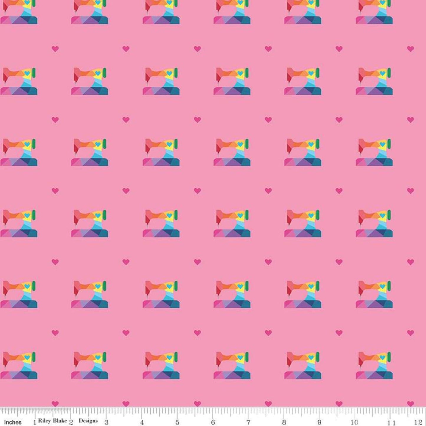 Fabric Rainbow sewing machines on pink cotton fabric - Make - Riley Blake