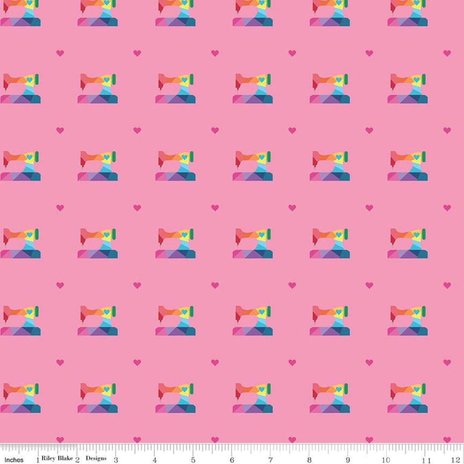 Fabric Rainbow sewing machines on pink cotton fabric - Make - Riley Blake